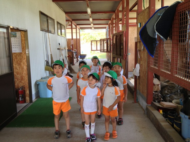 厩舎のなかを見学「馬のお部屋広かったね」「まるいうんちもあったね」